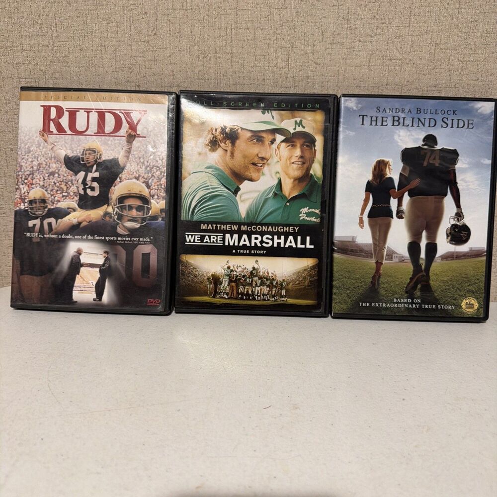 Lot Of 3 Inspirational Football Movies DVDs Rudy,We Are Marshall, The Blind Side